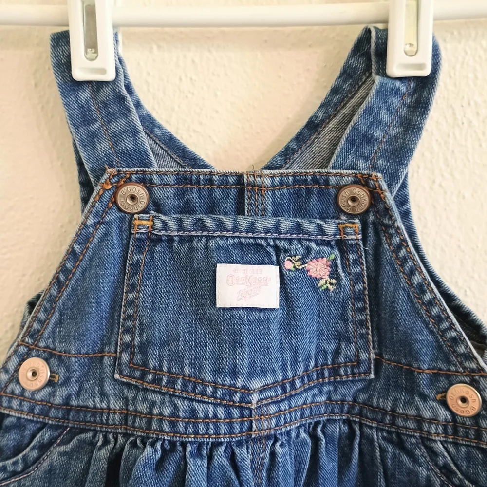 OshKosh B'Gosh Denim Blue Jean Denim Jumper Embroidered Pink Flowers Patches 3/6